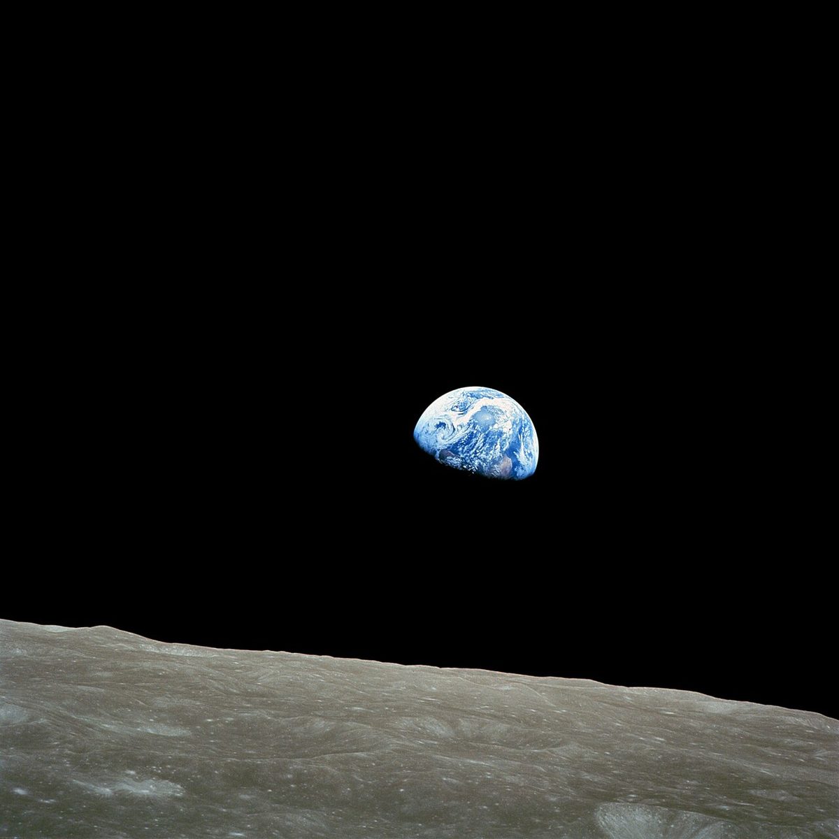The half-lit Earth rising above the grey horizon of the Moon, photographed from Apollo 8.