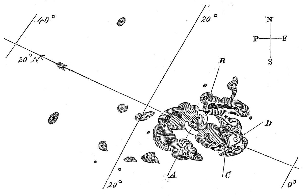 Richard Carrington's drawing of the sunspot group of 1 September 1859, with the flare's bright patches marked A to D.