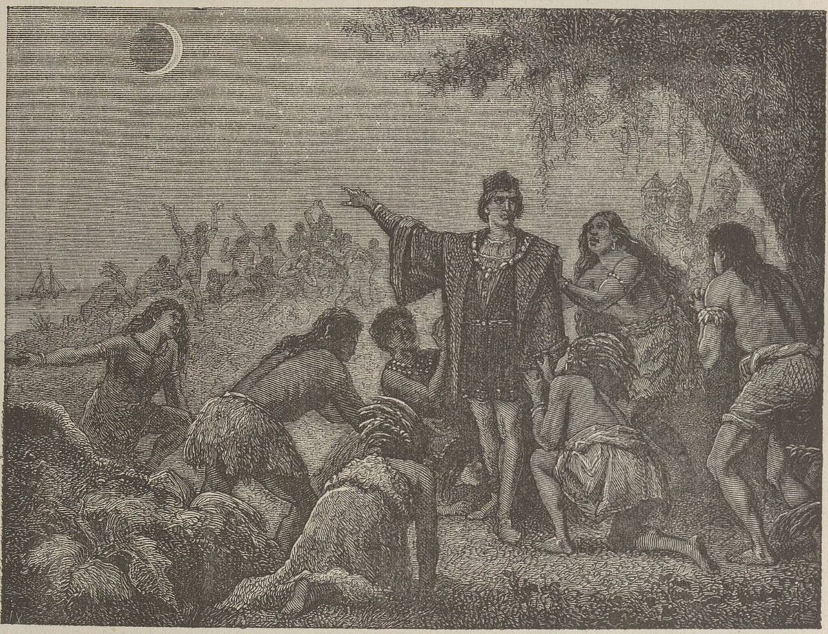A 19th-century engraving of Columbus pointing to the eclipsed Moon while frightened Taíno people kneel around him.