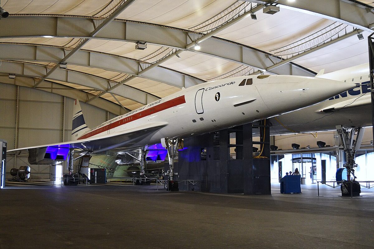The prototype Concorde 001 on display in a hangar at the Le Bourget air and space museum.