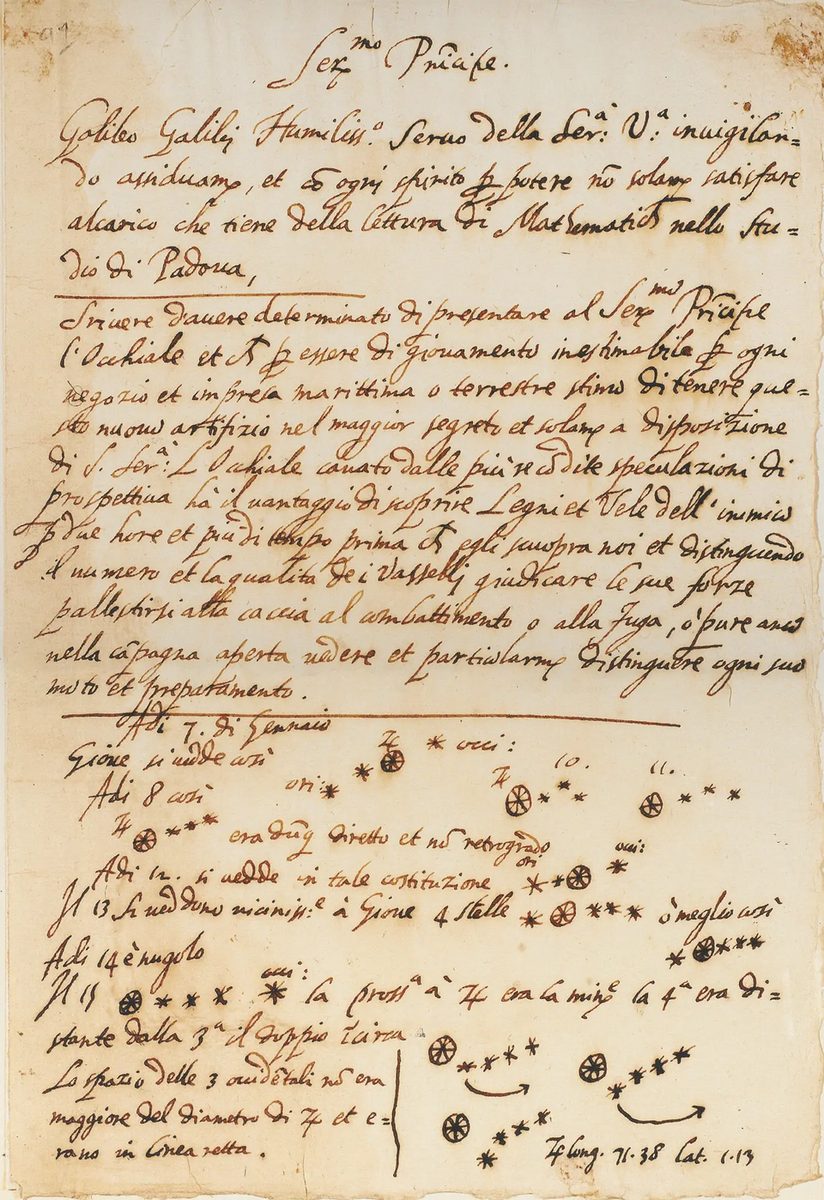 A page of Galileo's handwritten notes from January 1610, with small sketches of Jupiter and the moons beside it.