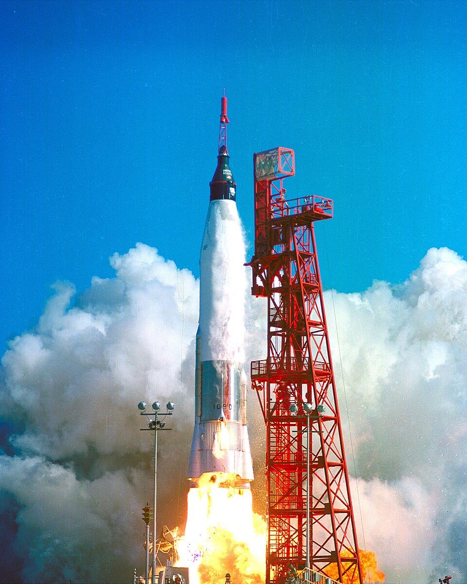 The Atlas rocket carrying John Glenn's Friendship 7 capsule lifts off from Cape Canaveral.