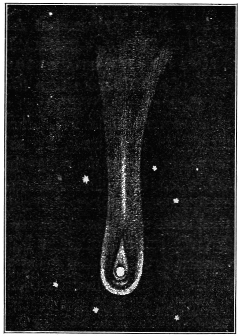 A black and white drawing of Halley's Comet as it looked in 1759, with a long tail among a few stars.