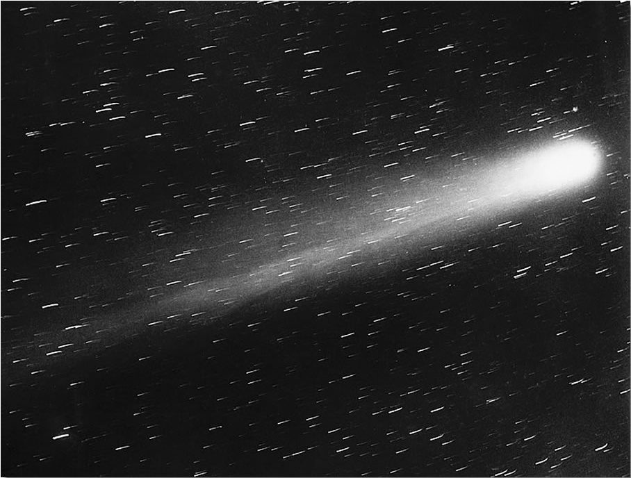 A black and white photograph of Halley's Comet with a long bright tail, May 1910.