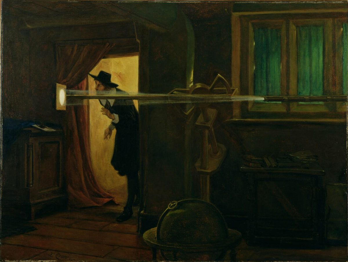 A painting of Jeremiah Horrocks in a dim room watching the Sun's image projected through a telescope onto a screen.