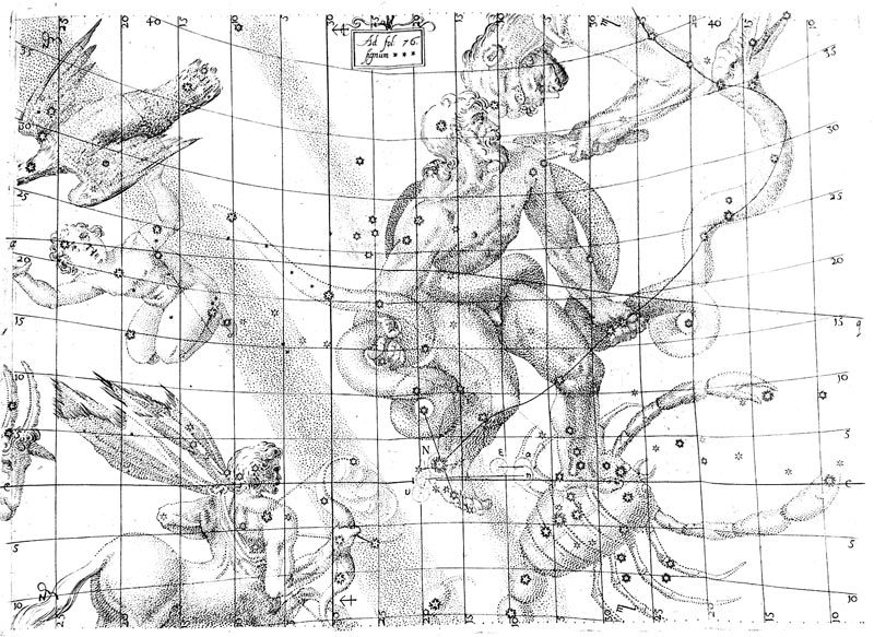 Kepler's engraved star map of Ophiuchus, the serpent bearer, with the new star of 1604 marked N at his foot.