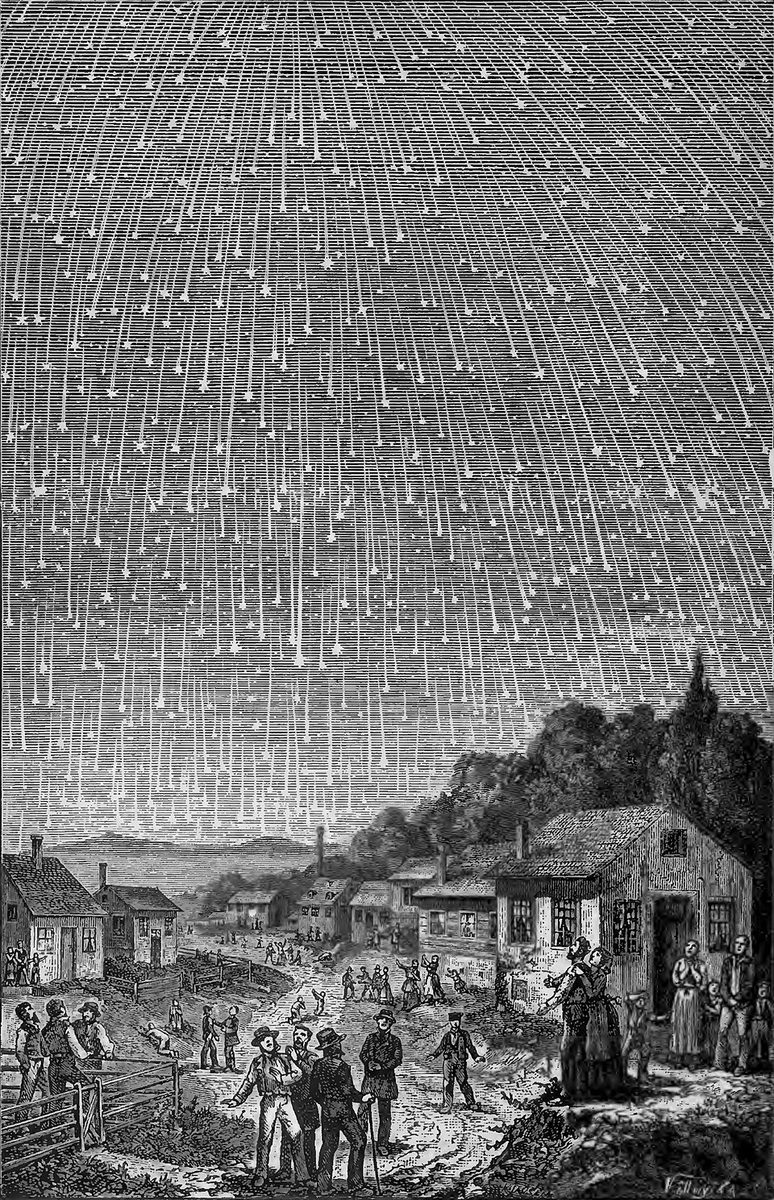 An engraving of a sky streaked with countless falling meteors above a village street full of people looking up.