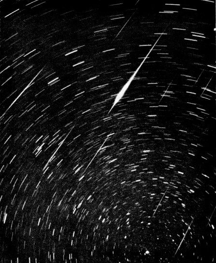 A black and white long exposure of curved star trails crossed by many straight meteor streaks and one bright fireball.