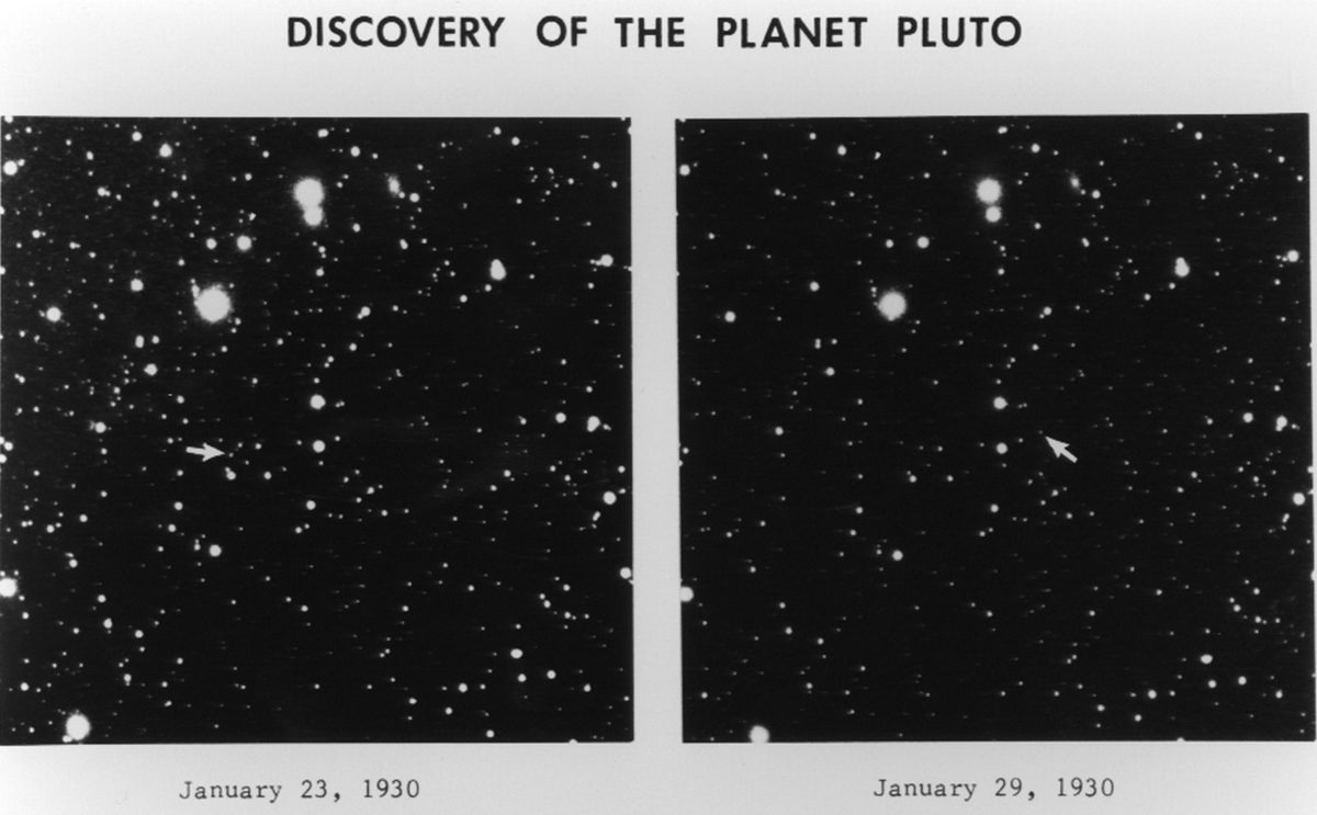 Two star-field photographs from January 1930 side by side, with arrows marking the dot of Pluto that moved between them.