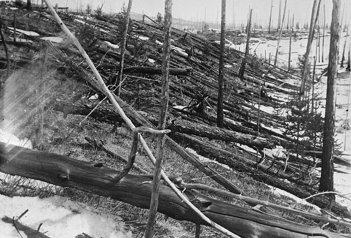 A black and white photograph of a Siberian forest with the trees knocked flat and broken.