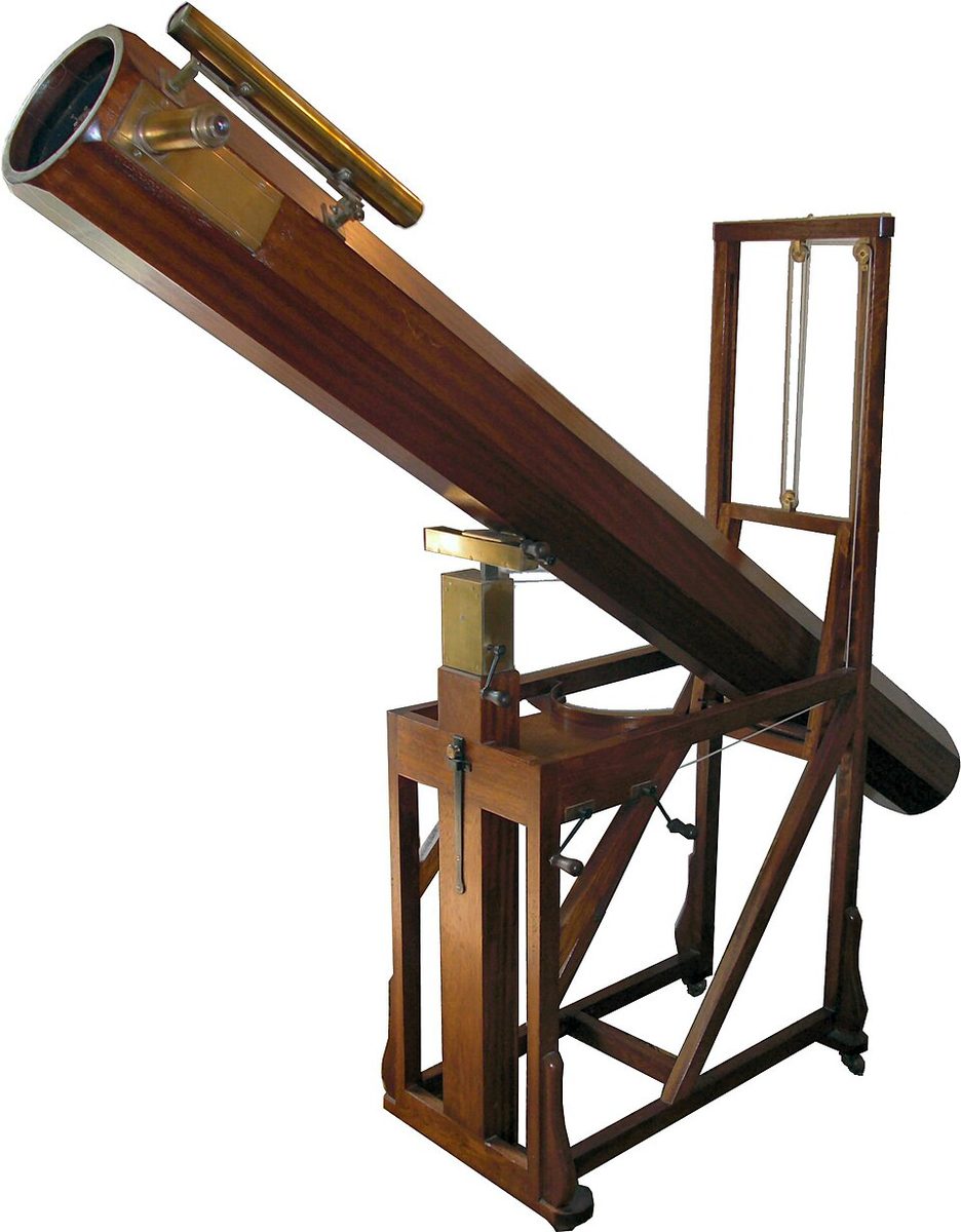 A model of William Herschel's seven-foot wooden reflecting telescope on its stand.