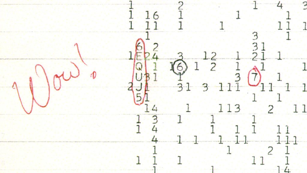 Part of a computer printout of numbers and letters, with the sequence 6EQUJ5 circled and Wow! written beside it in red ink.