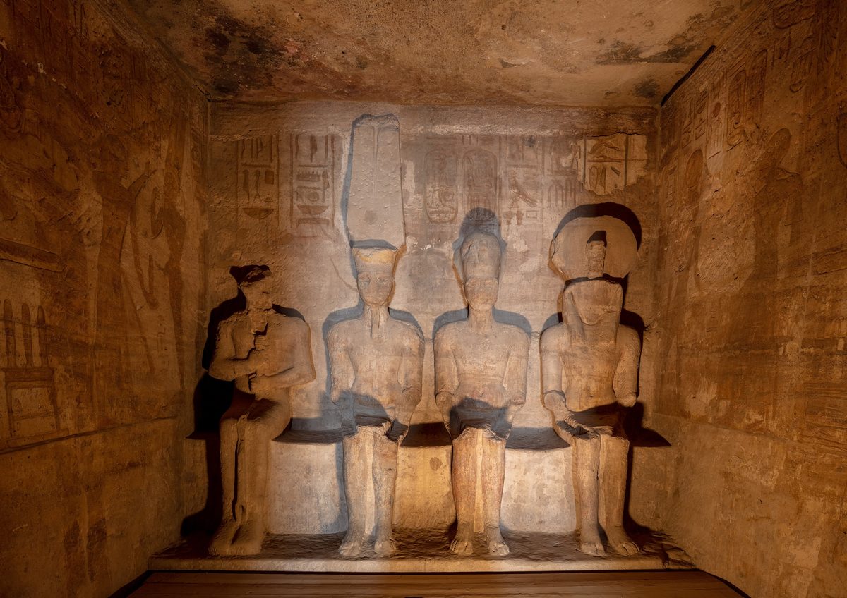 The four seated statues of Ptah, Amun-Ra, Ramesses II and Ra-Horakhty in the sanctuary of the Great Temple at Abu Simbel.