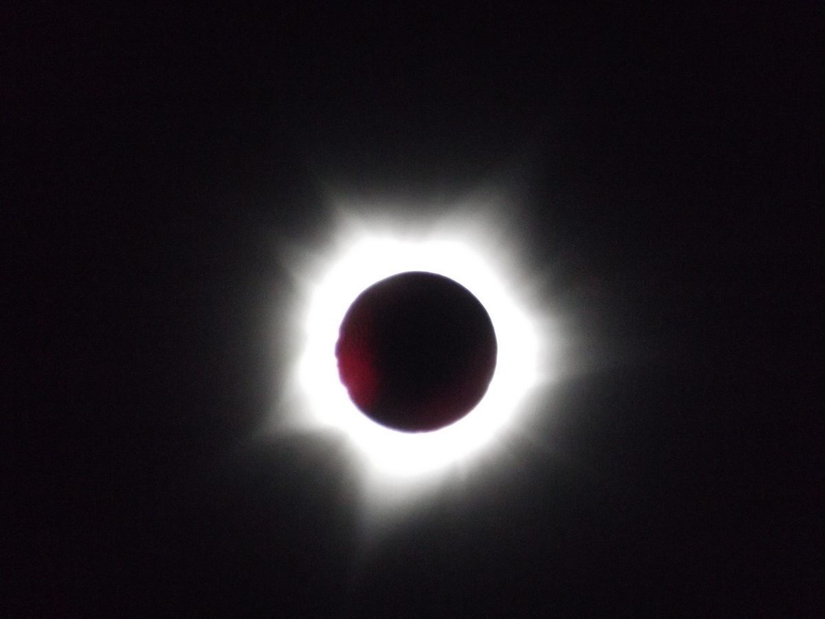The Sun in total eclipse, a dark Moon edged with red prominences inside a bright white corona.