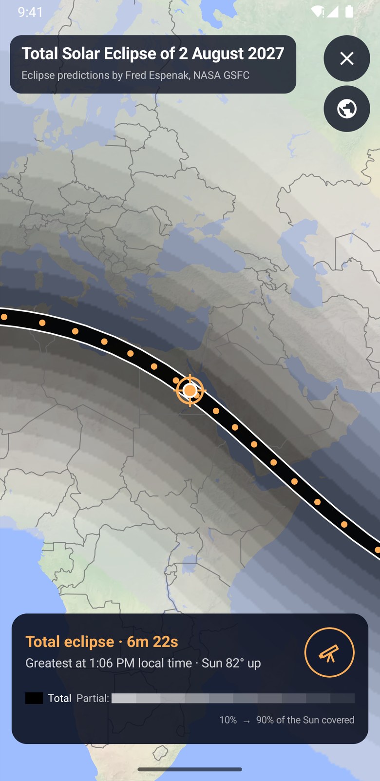 Eclipses on a map in the app
