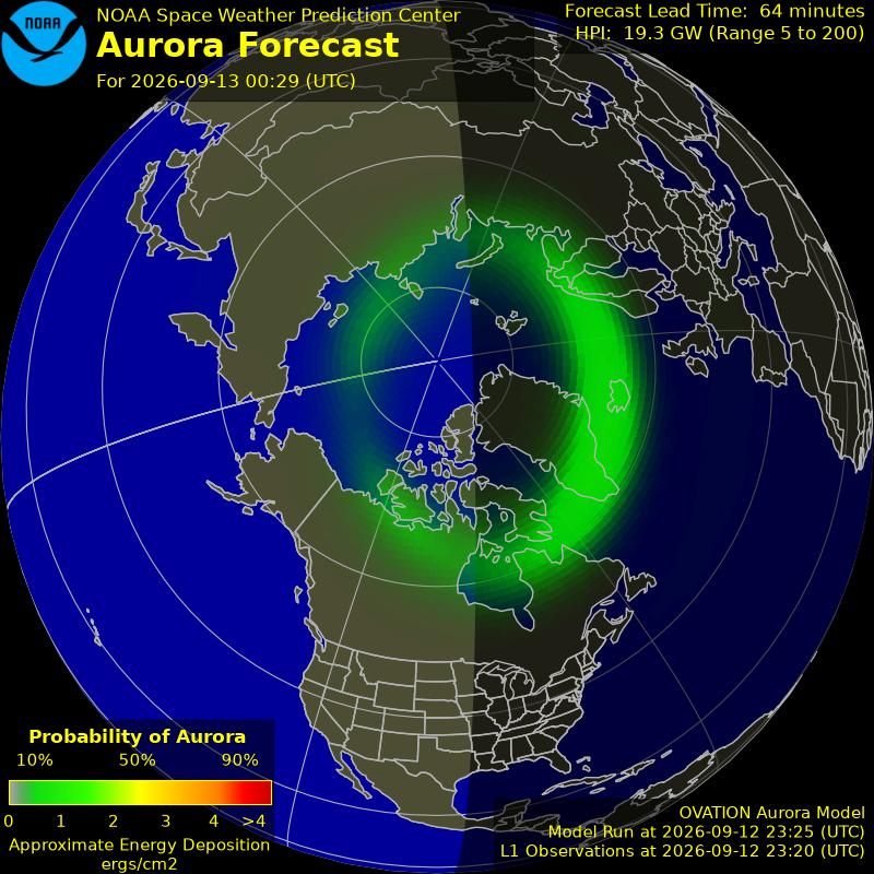 NOAA aurora forecast map for the northern hemisphere