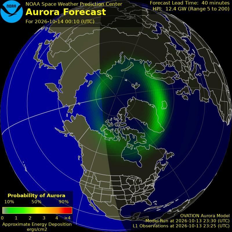 NOAA aurora forecast map for the northern hemisphere