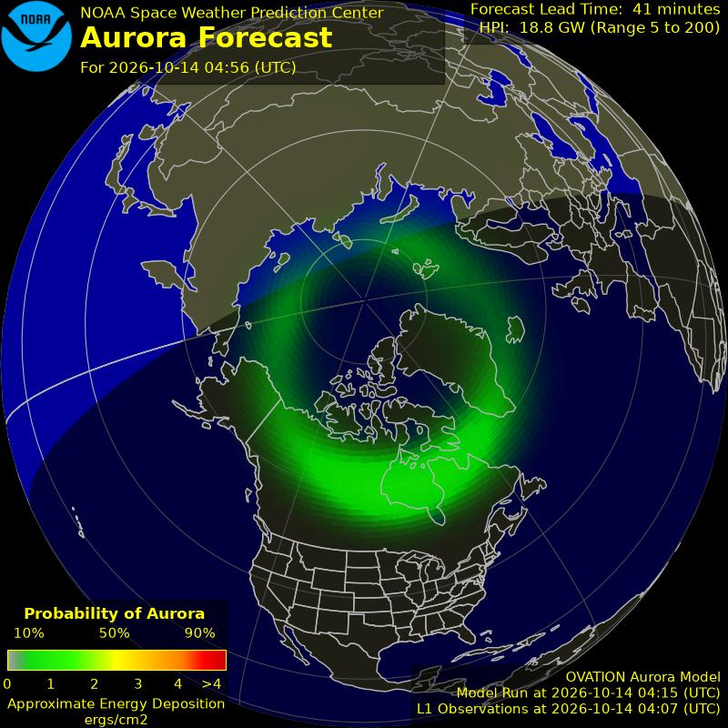 NOAA aurora forecast map for the northern hemisphere