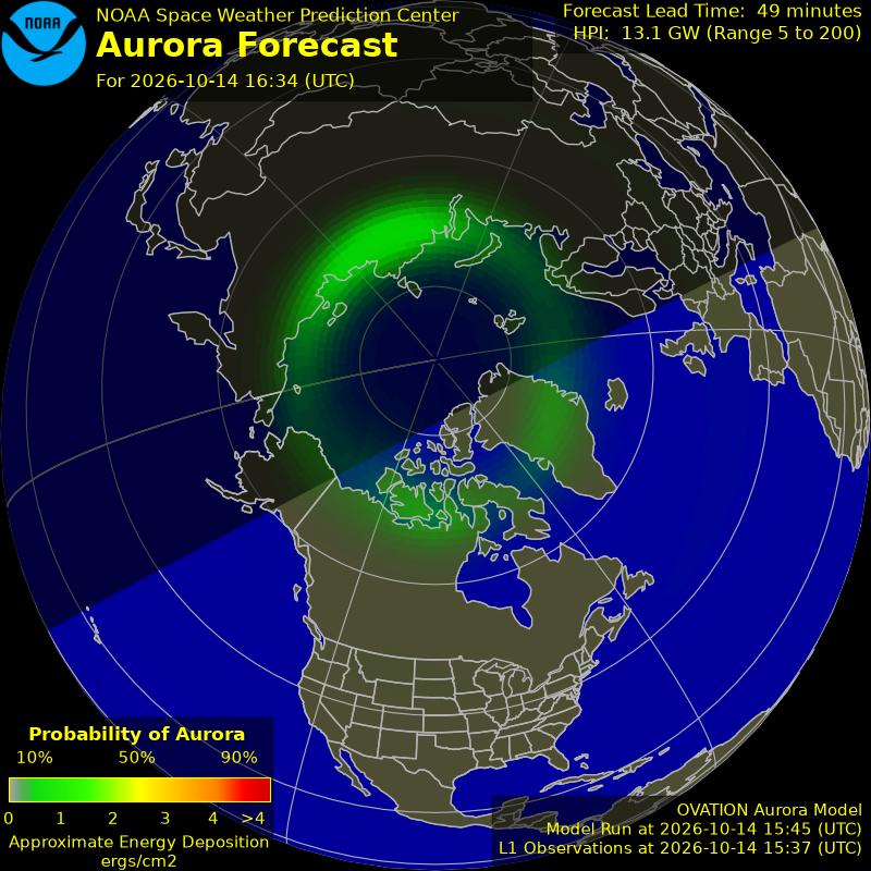 NOAA aurora forecast map for the northern hemisphere