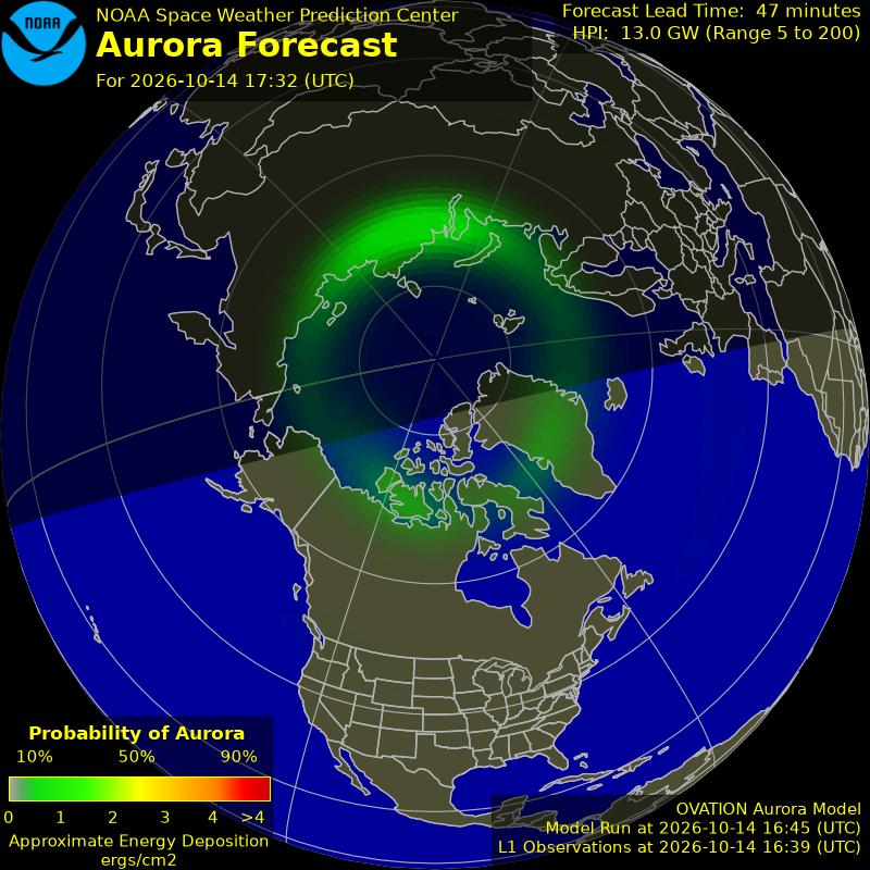 NOAA aurora forecast map for the northern hemisphere