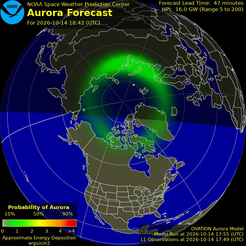NOAA aurora forecast map for the northern hemisphere