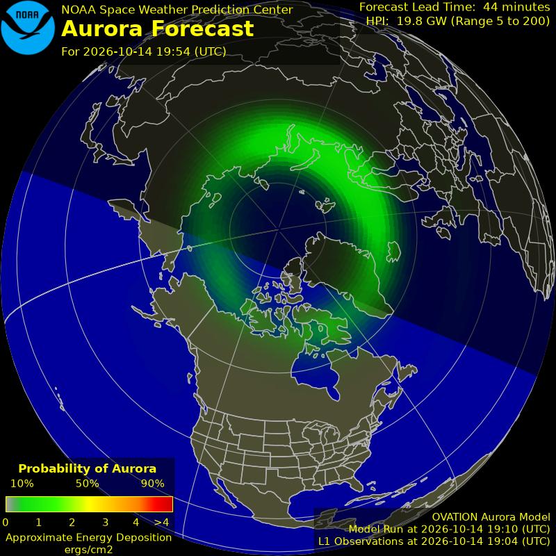 NOAA aurora forecast map for the northern hemisphere
