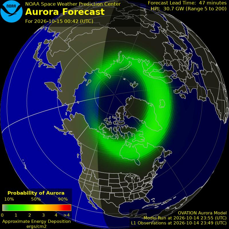 NOAA aurora forecast map for the northern hemisphere