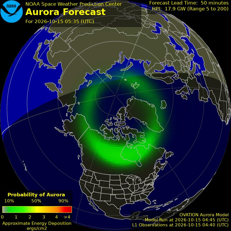 NOAA aurora forecast map for the northern hemisphere