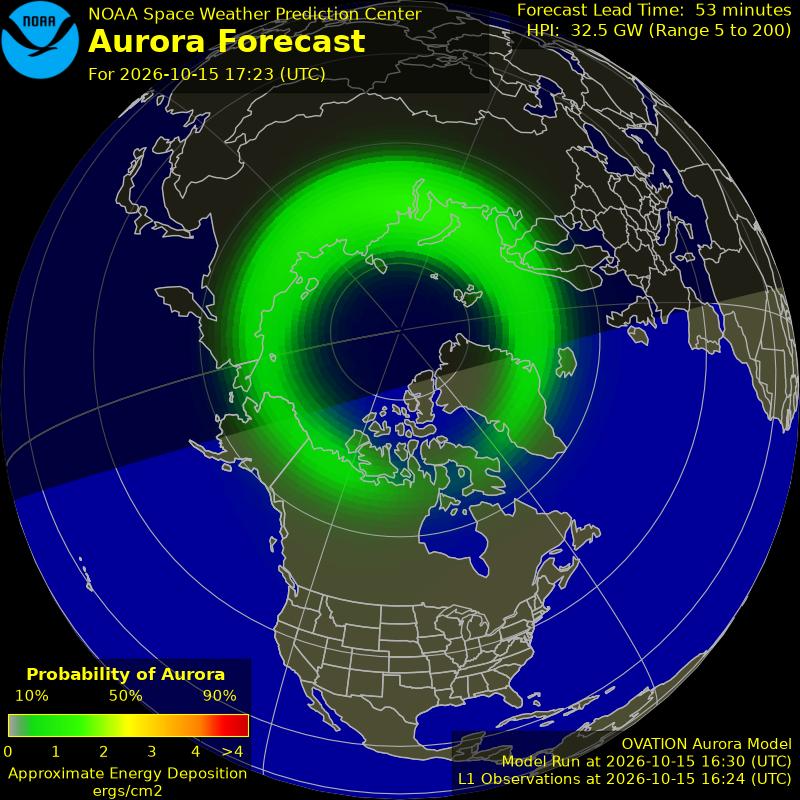 NOAA aurora forecast map for the northern hemisphere
