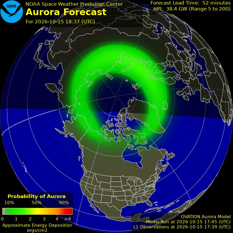 NOAA aurora forecast map for the northern hemisphere