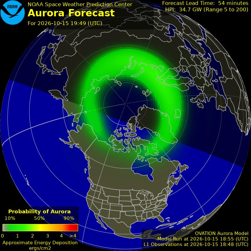 NOAA aurora forecast map for the northern hemisphere