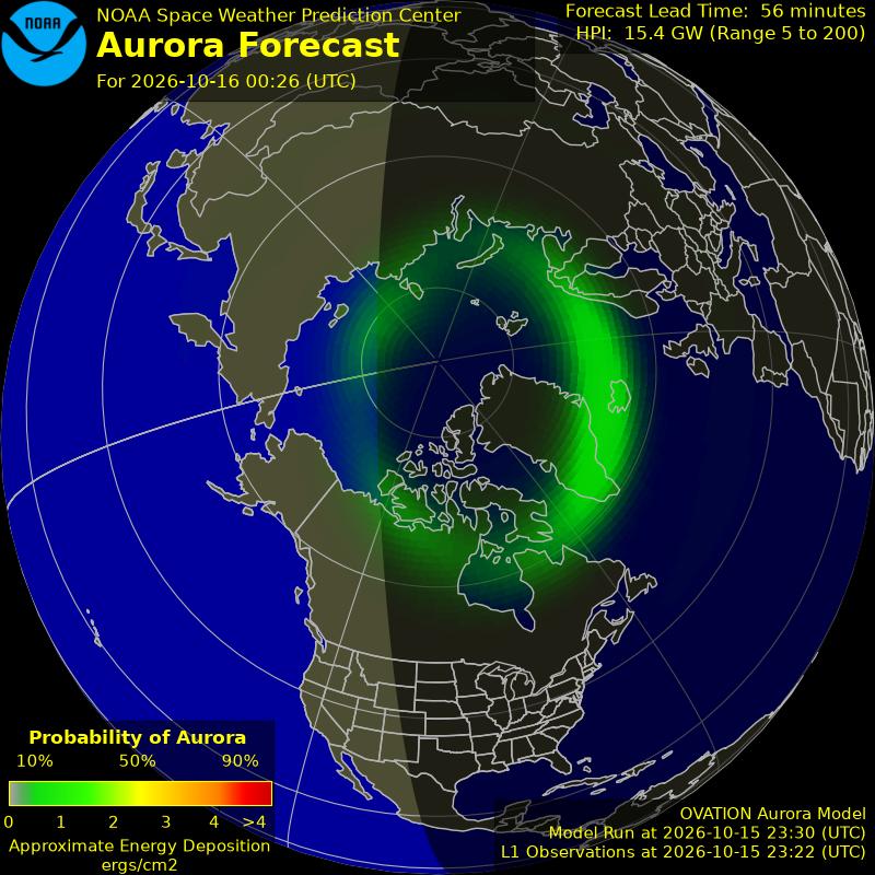 NOAA aurora forecast map for the northern hemisphere