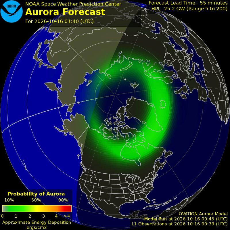 NOAA aurora forecast map for the northern hemisphere