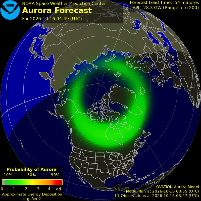 NOAA aurora forecast map for the northern hemisphere