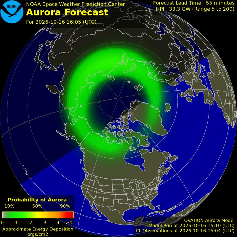 NOAA aurora forecast map for the northern hemisphere
