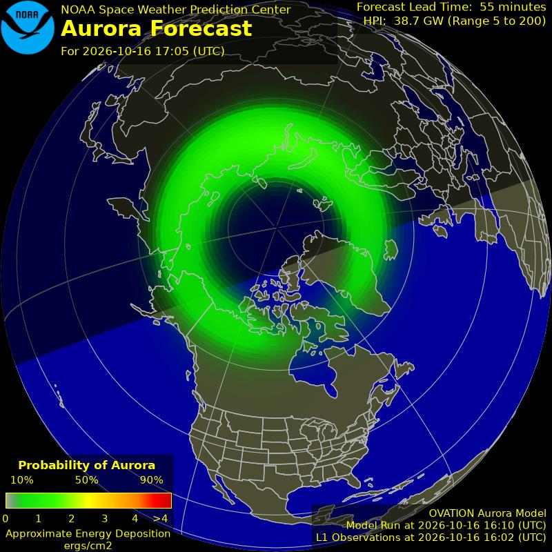 NOAA aurora forecast map for the northern hemisphere
