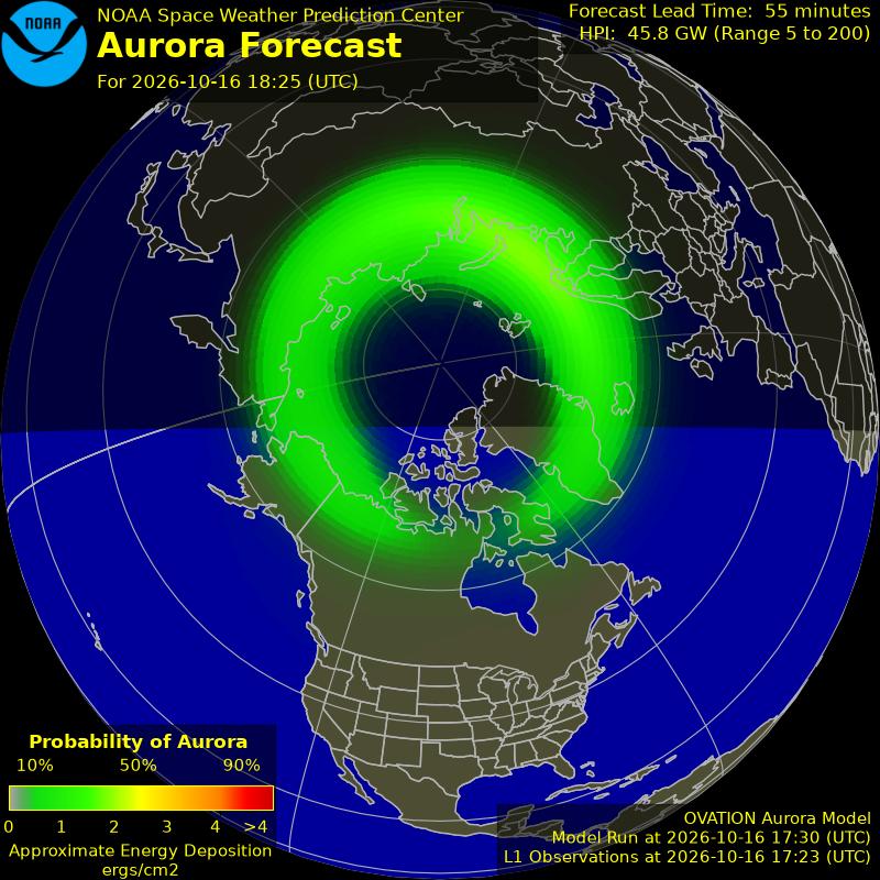 NOAA aurora forecast map for the northern hemisphere