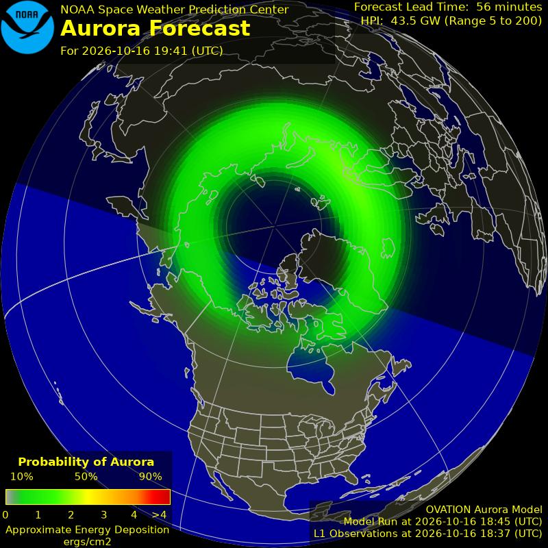 NOAA aurora forecast map for the northern hemisphere