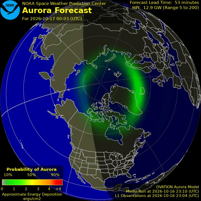 NOAA aurora forecast map for the northern hemisphere
